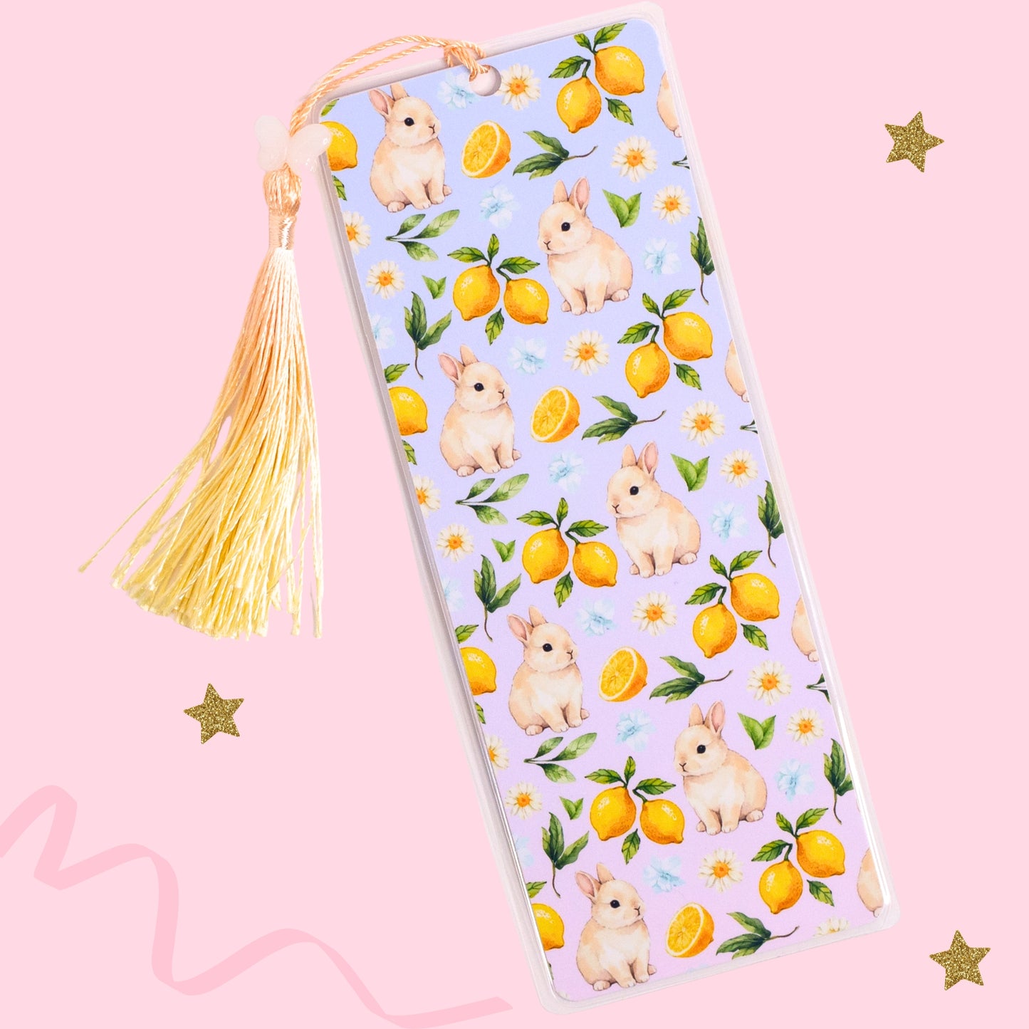 bunny lemon bookmark with rabbits lemons flowers and yellow tassel on pink background