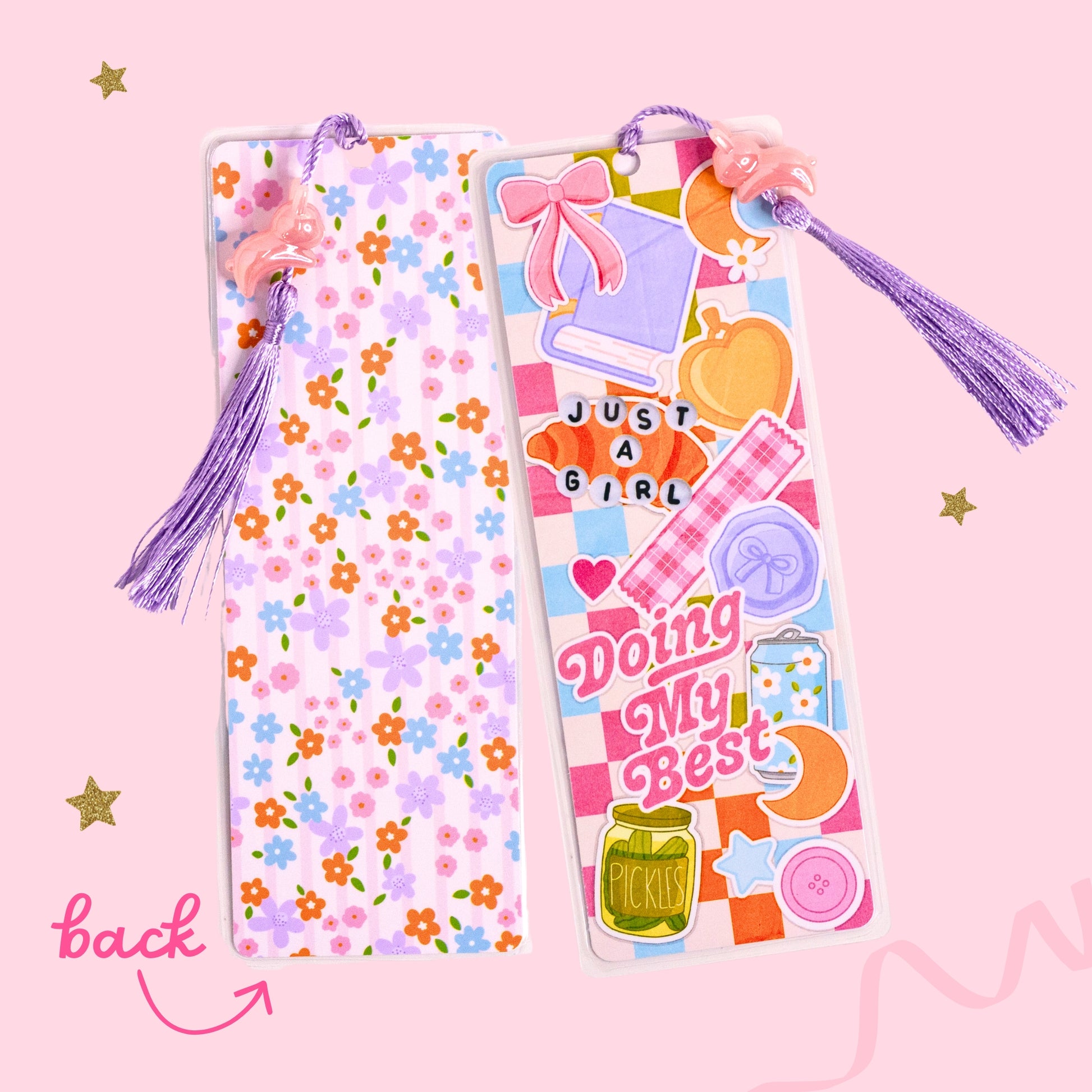 colorful just a girl bookmark with fun icons and girly aesthetic
