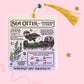 sea otter bookmark with detailed ocean illustrations stats and yellow tassel on soft pink background