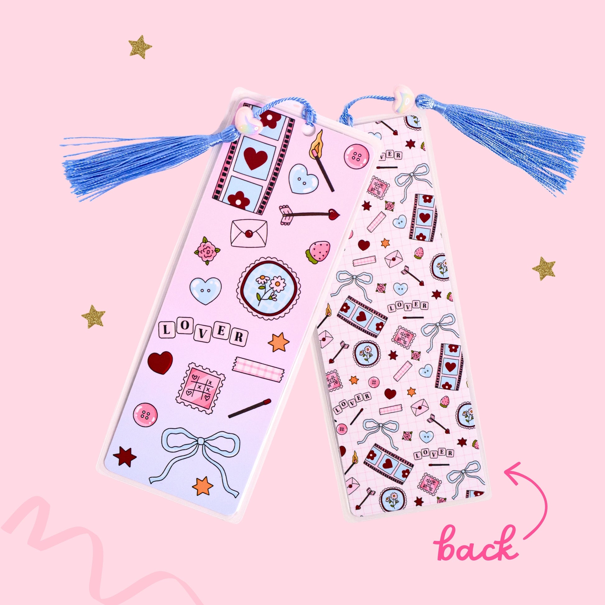 pastel lover themed bookmark with bows hearts and scrapbook icons with blue tassel