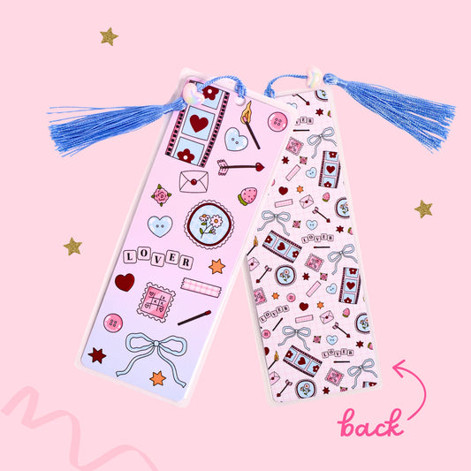 pastel lover themed bookmark with bows hearts and scrapbook icons with blue tassel