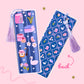 blue reader bookmark with books cake flowers and swan design with patterned back and tassel