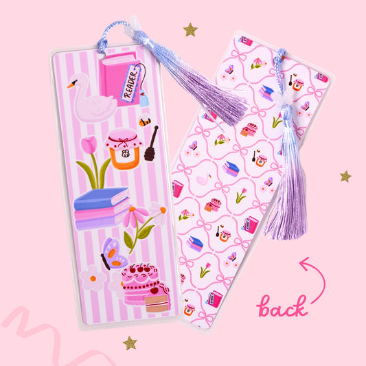 pink picnic bookmark with books bows and floral details