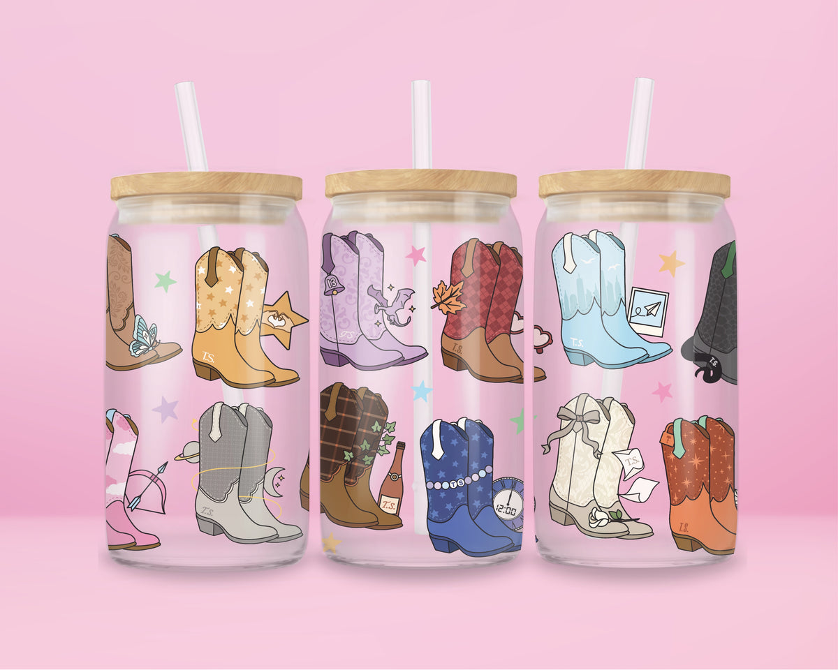 16oz Taylor Swift inspired glass tumbler with colourful cowboy boots representing different musical eras