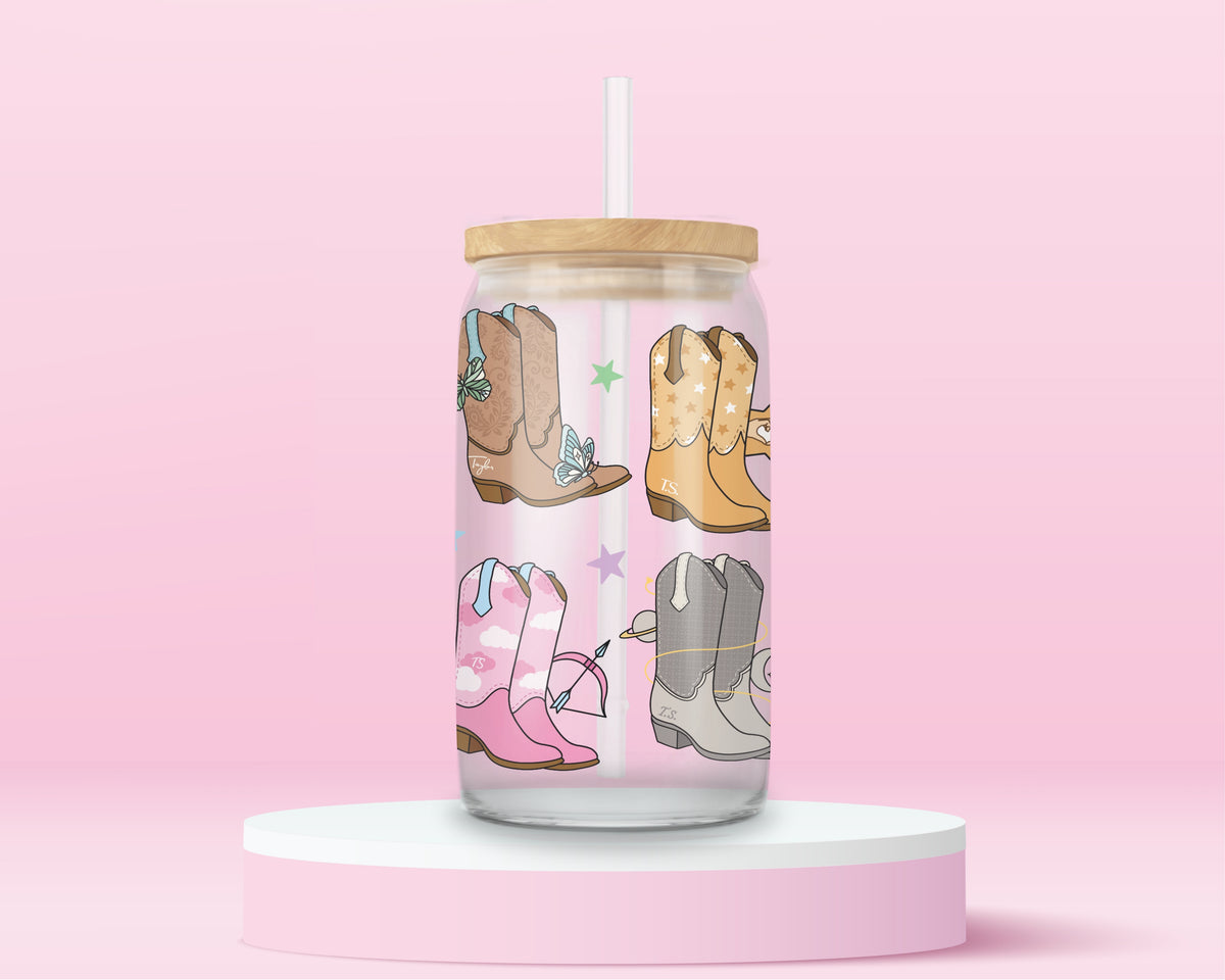 16oz Taylor Swift inspired glass tumbler with colourful cowboy boots representing different musical eras