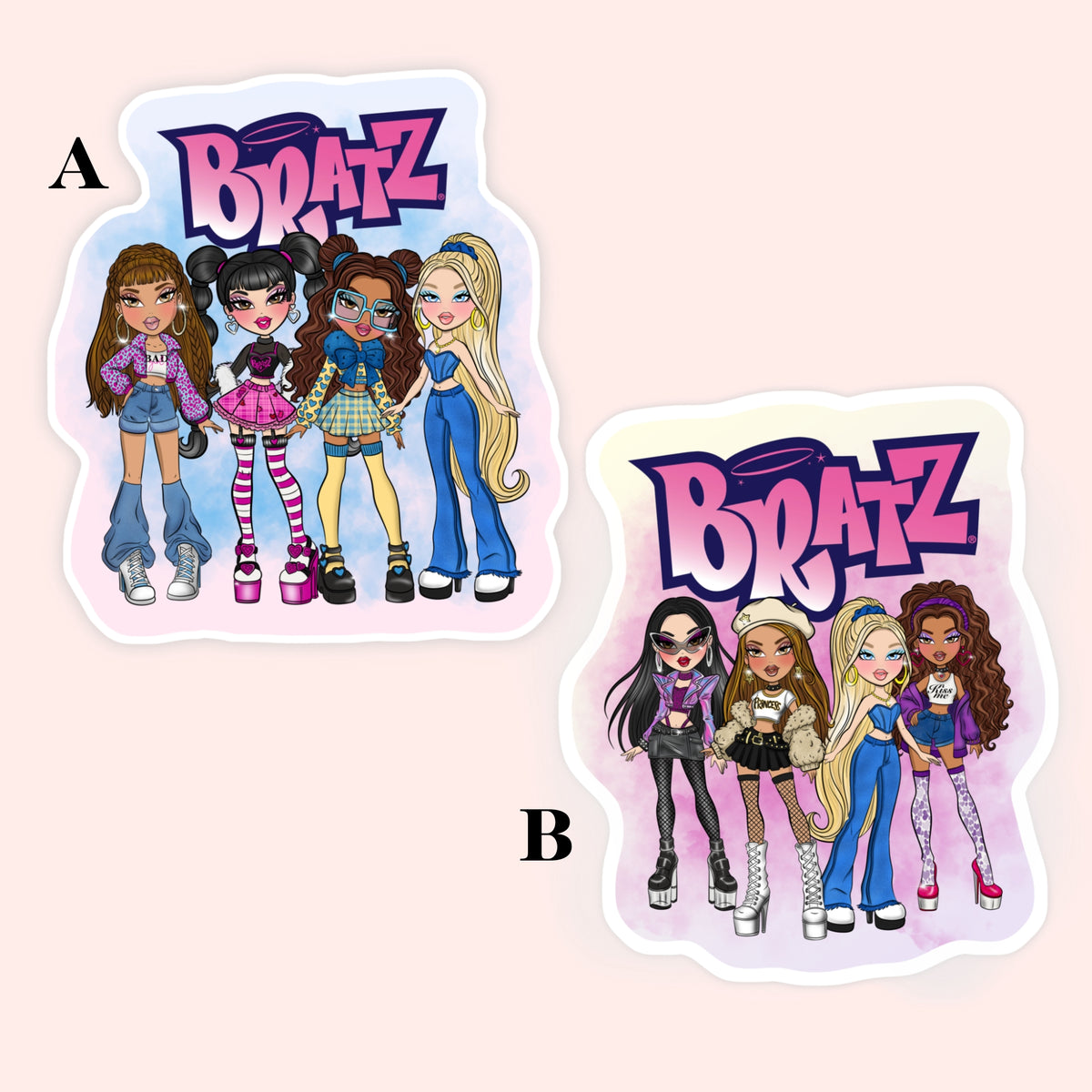 Two die-cut stickers featuring cartoon Bratz characters and the Bratz logo, shown on a pale pink background with labels A and B.