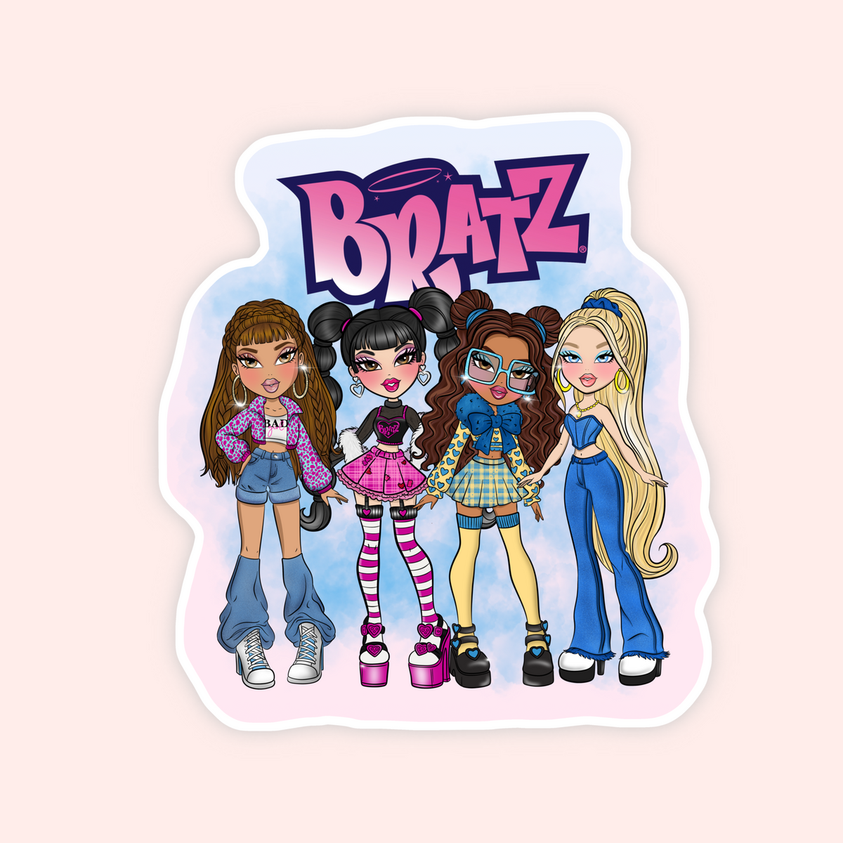 A die-cut sticker featuring the Bratz logo and four illustrated Bratz characters in colorful outfits, shown on a pale pink background.