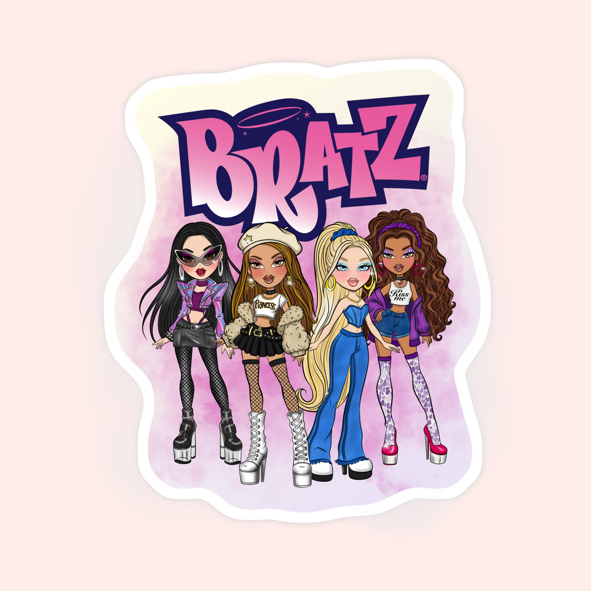A die-cut sticker featuring the Bratz logo and four cartoon-style Bratz characters in colorful outfits, centered on a pale pink background.