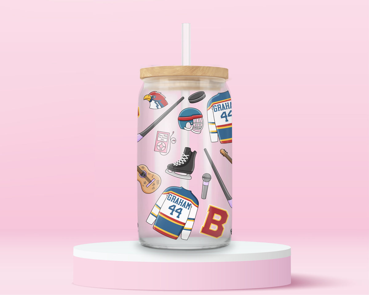 16oz Briar U inspired glass tumbler with Graham 44 jerseys, hockey skates, books and headphones