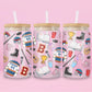 16oz Briar U inspired glass tumbler with Graham 44 jerseys, hockey skates, books and headphones