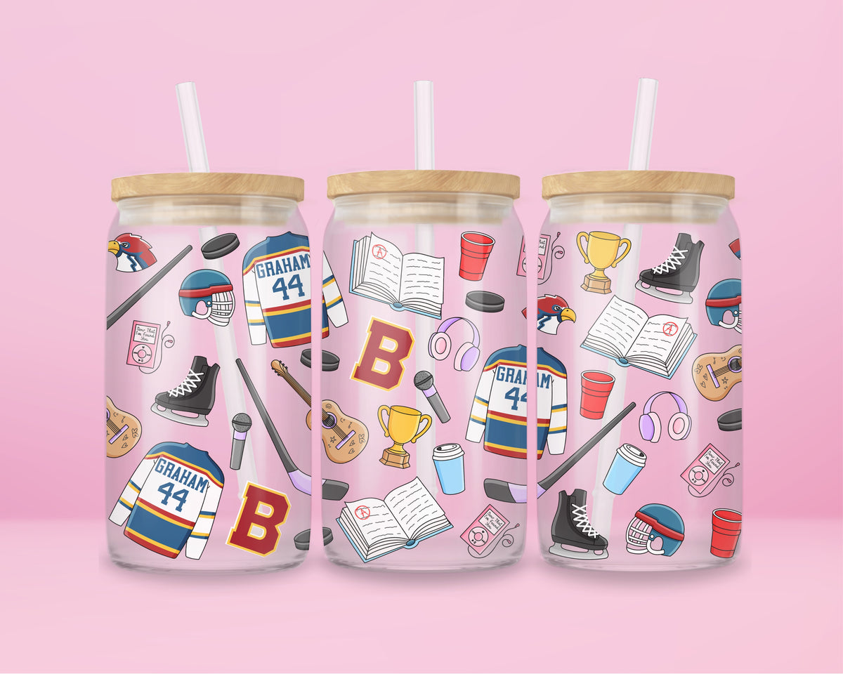 16oz Briar U inspired glass tumbler with Graham 44 jerseys, hockey skates, books and headphones