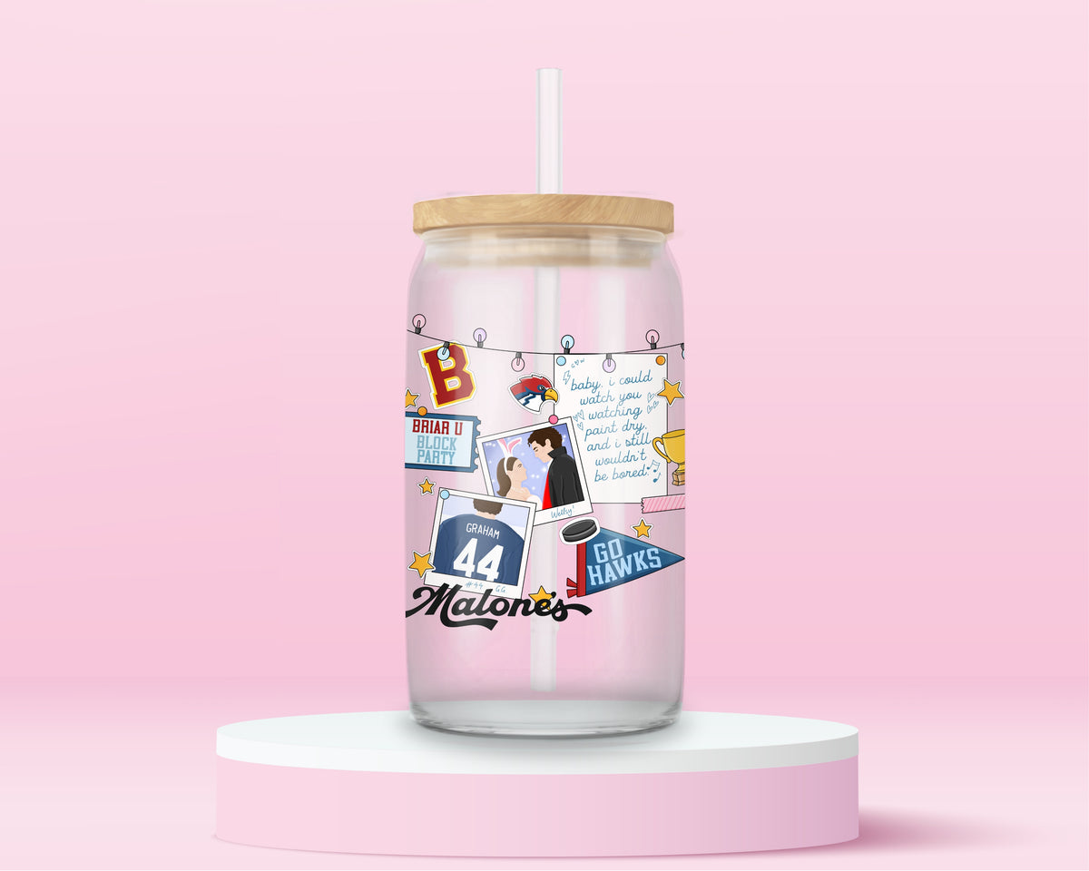 16oz Briar U inspired glass tumbler with Graham 44 jersey, hockey details, photos and love notes