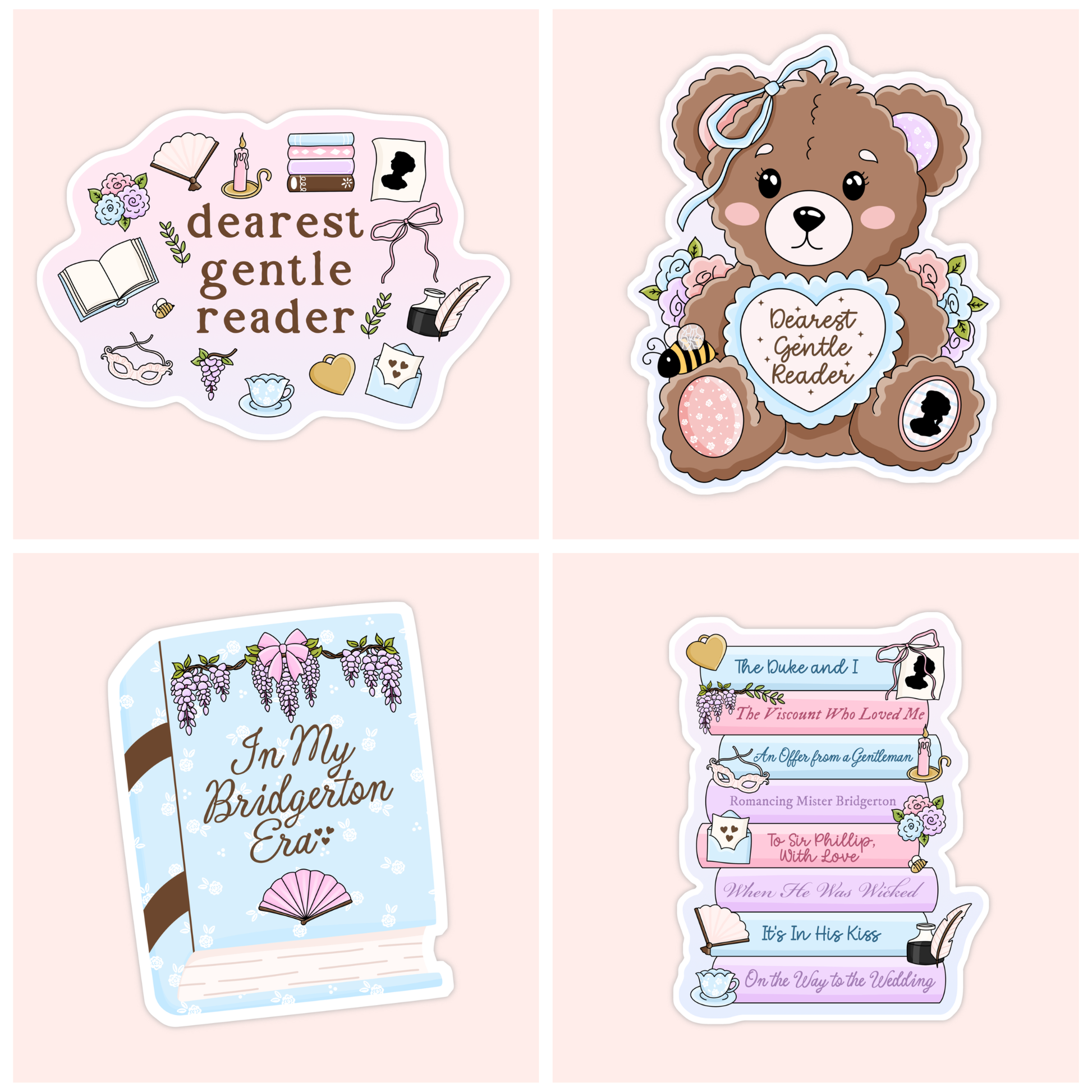 Bridgerton inspired vinyl sticker collection featuring Dearest Gentle Reader quote, teddy bear regency design, In My Bridgerton Era book cover, and pastel stack of Bridgerton series books, romance reader aesthetic stickers for book lovers.
