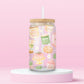 16oz coffee glass tumbler with coffee cups, pastries, espresso machine, books, plants and Bring Me Coffee quote