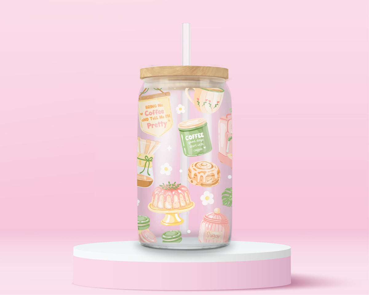 16oz coffee glass tumbler with coffee cups, pastries, espresso machine, books, plants and Bring Me Coffee quote