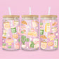 16oz coffee glass tumbler with coffee cups, pastries, espresso machine, books, plants and Bring Me Coffee quote