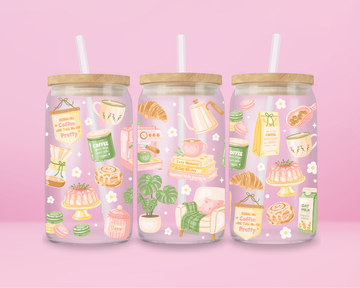 16oz coffee glass tumbler with coffee cups, pastries, espresso machine, books, plants and Bring Me Coffee quote