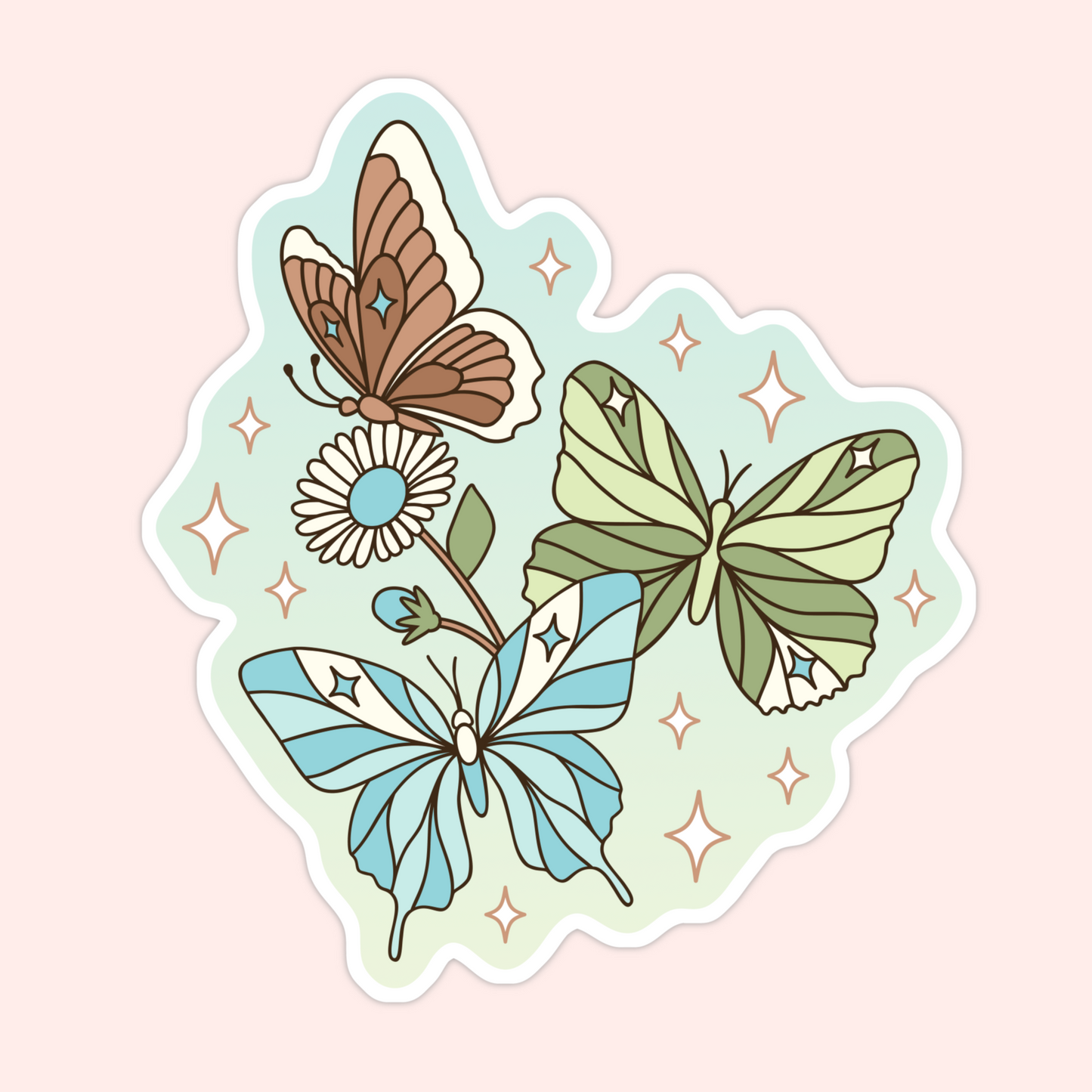 Cute butterfly garden sticker with pastel butterflies, daisies, sparkles, and soft nature-inspired details.