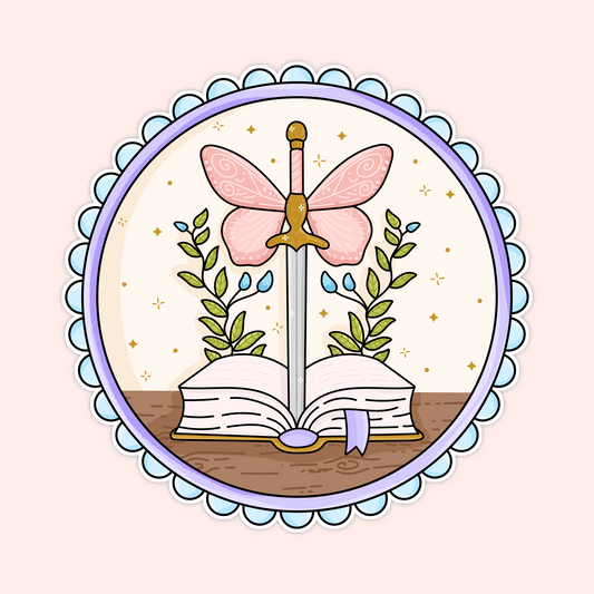 Open book with a sword topped with butterfly wings, framed with scalloped pastel border.