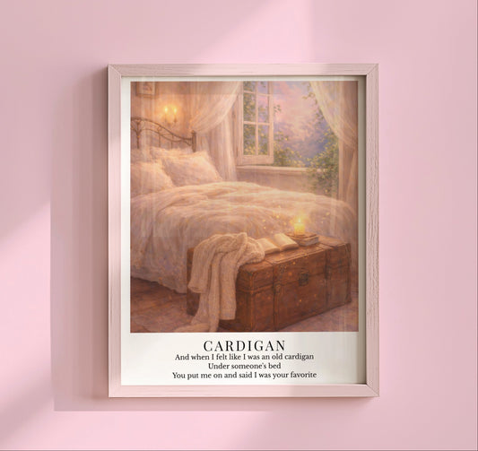 Taylor Swift Cardigan inspired art print featuring a cozy vintage bedroom with soft lighting, a bed, and a wooden trunk