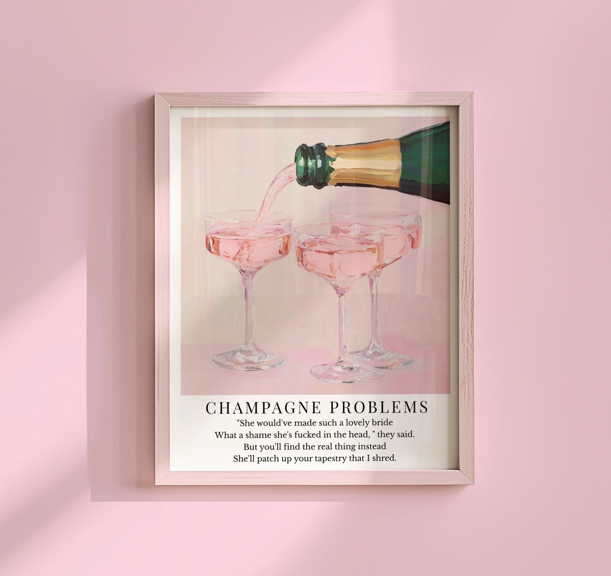 Taylor Swift Champagne Problems inspired art print featuring pink champagne being poured into coupe glasses with a soft aesthetic