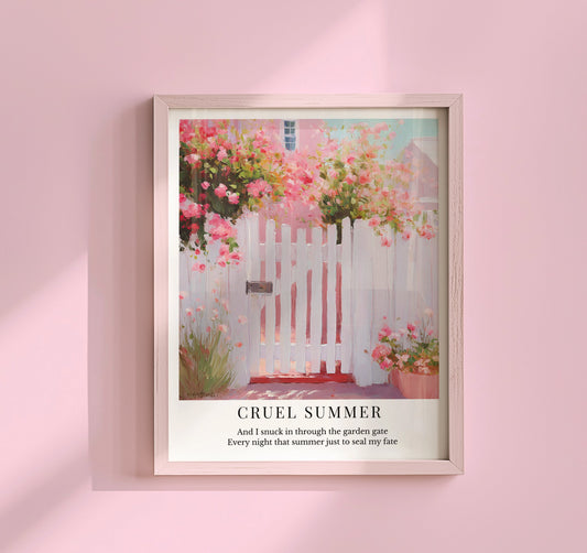 Taylor Swift Cruel Summer inspired art print featuring a pink garden gate surrounded by flowers in a dreamy aesthetic