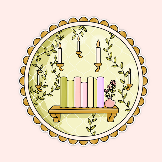 Small shelf of pastel books with hanging candles and leafy vines in a cozy golden background.