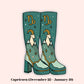 A stylized illustration of a pair of tall heeled boots with a Capricorn theme, featuring a green and teal color palette, a goat graphic, stars, and gold zodiac symbols. Text below reads 'Capricorn (December 22 - January 19)'.