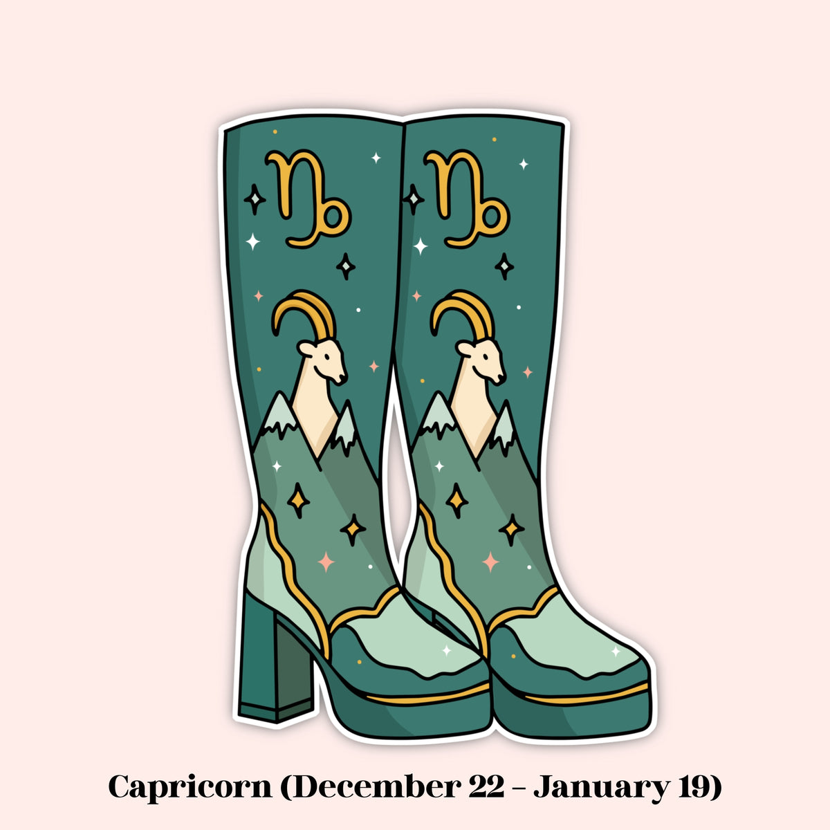 A stylized illustration of a pair of tall heeled boots with a Capricorn theme, featuring a green and teal color palette, a goat graphic, stars, and gold zodiac symbols. Text below reads 'Capricorn (December 22 - January 19)'.