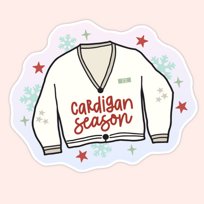 A cozy illustrated vinyl sticker featuring a winter cardigan and “Cardigan Season” text. Perfect for cold weather vibes, book lovers, and Taylor-inspired fans.