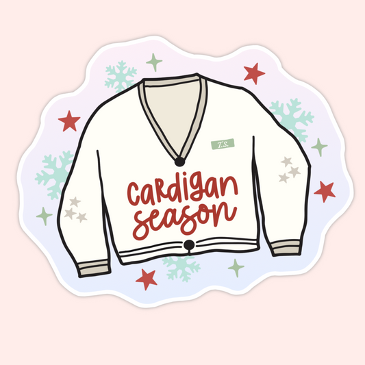 A cozy illustrated vinyl sticker featuring a winter cardigan and “Cardigan Season” text. Perfect for cold weather vibes, book lovers, and Taylor-inspired fans.