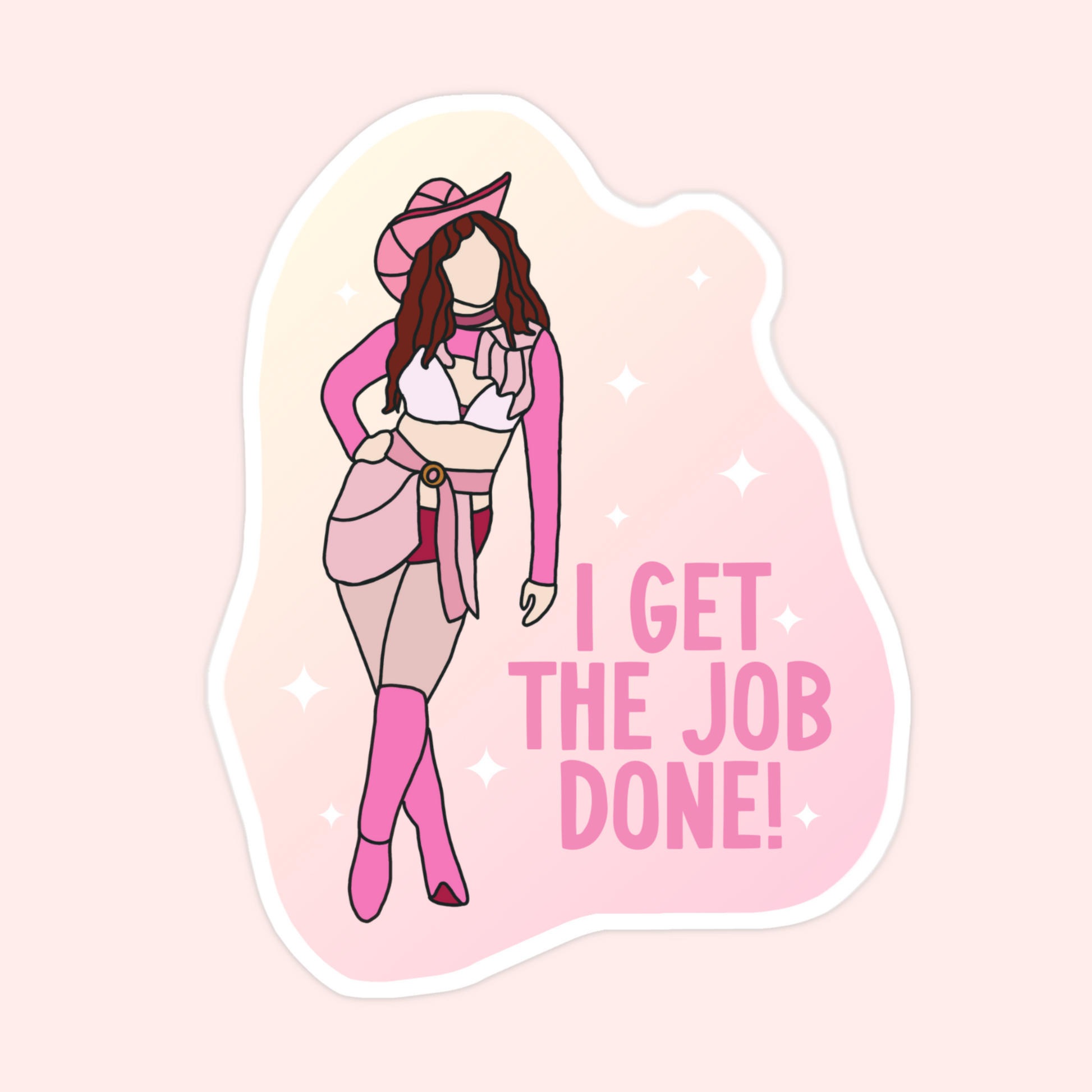 Sticker of Chappell Roan in a pink cowgirl outfit with text that says “I get the job done!”