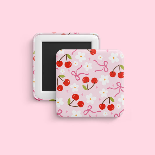 Cherry bow pattern magnet with pink background and coquette aesthetic