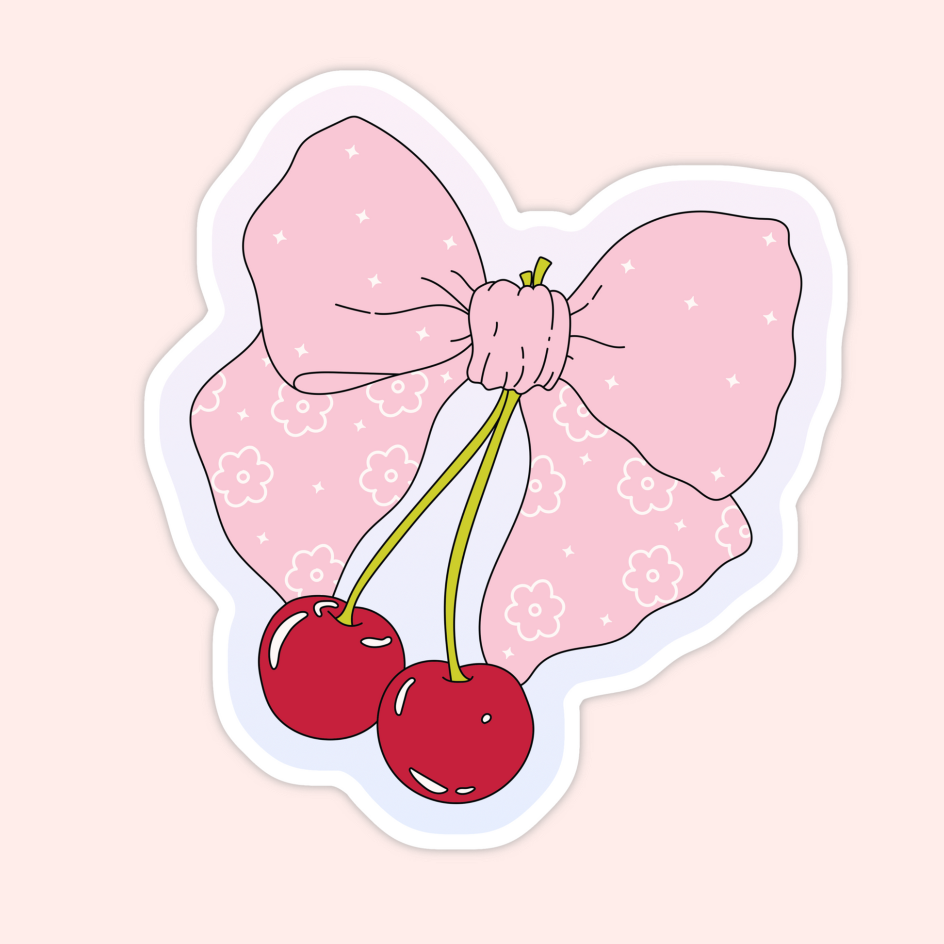 Girly vinyl sticker featuring two red cherries tied with a pink floral bow in a soft coquette aesthetic.
