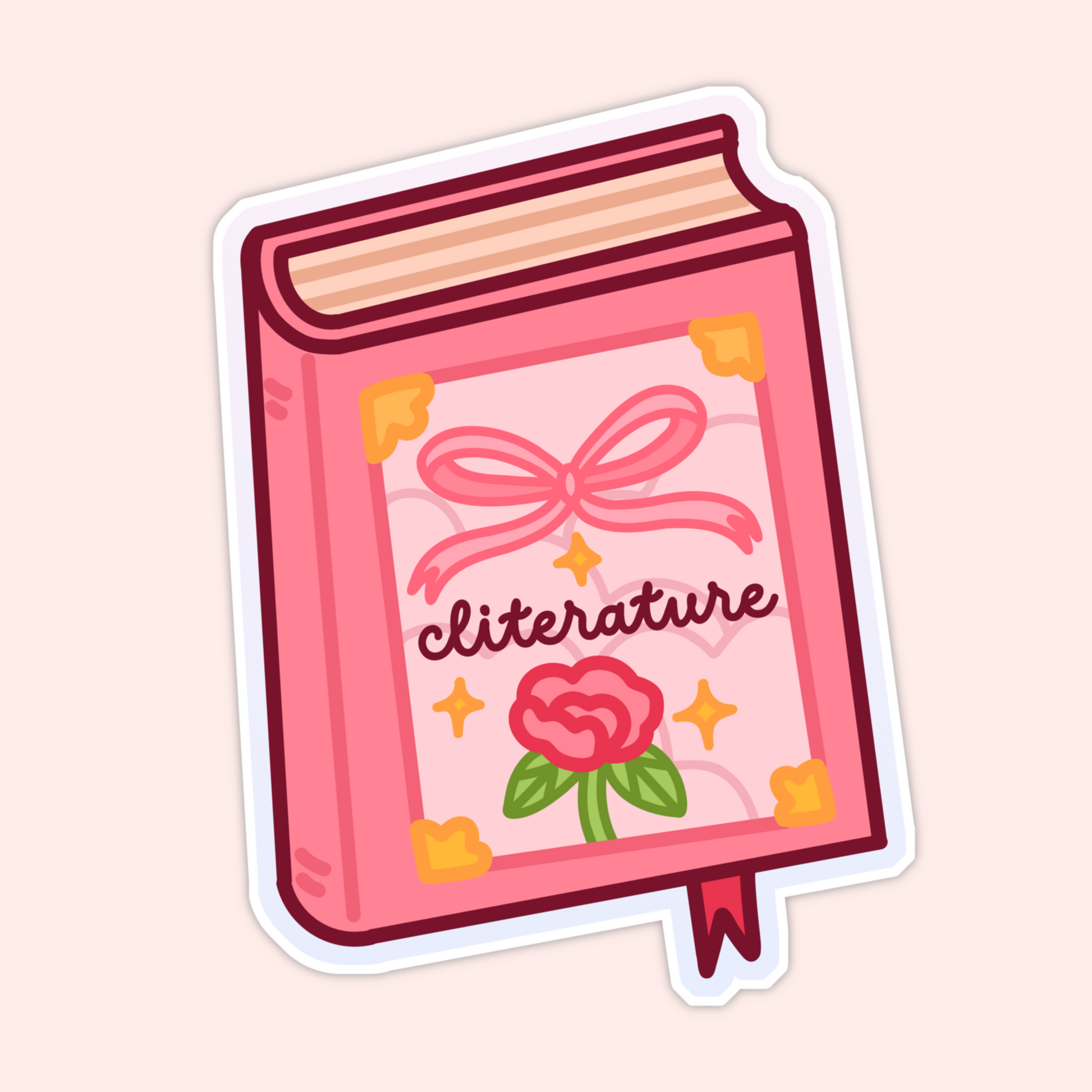 Pink illustrated book with a bow, rose, and sparkles on the cover featuring the word “cliterature” in playful lettering.