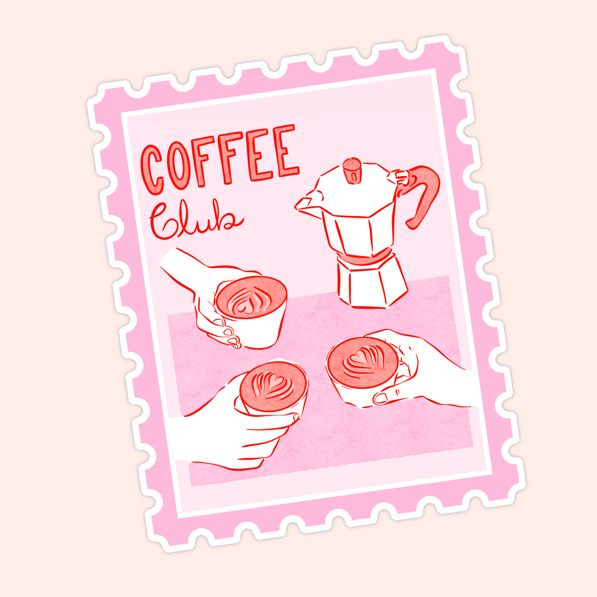 Pink postage stamp style sticker with red line art coffee illustrations, a moka pot, latte cups, and the words “coffee club.”