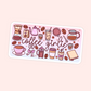 Cute coffee girlie sticker with coffee beans, espresso, iced coffee, coffee pot, French press, mugs, bows, hearts, and journal details.