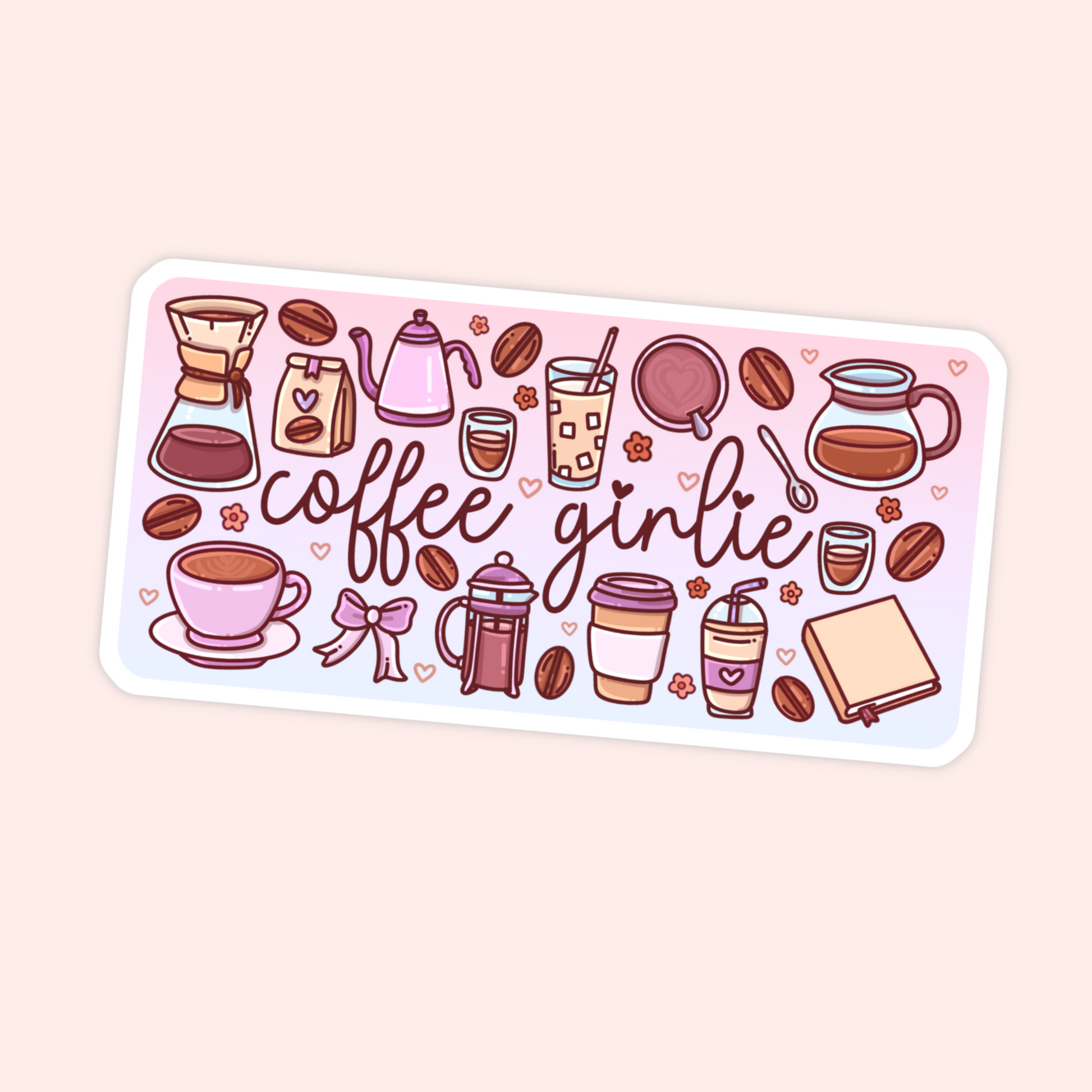 Cute coffee girlie sticker with coffee beans, espresso, iced coffee, coffee pot, French press, mugs, bows, hearts, and journal details.