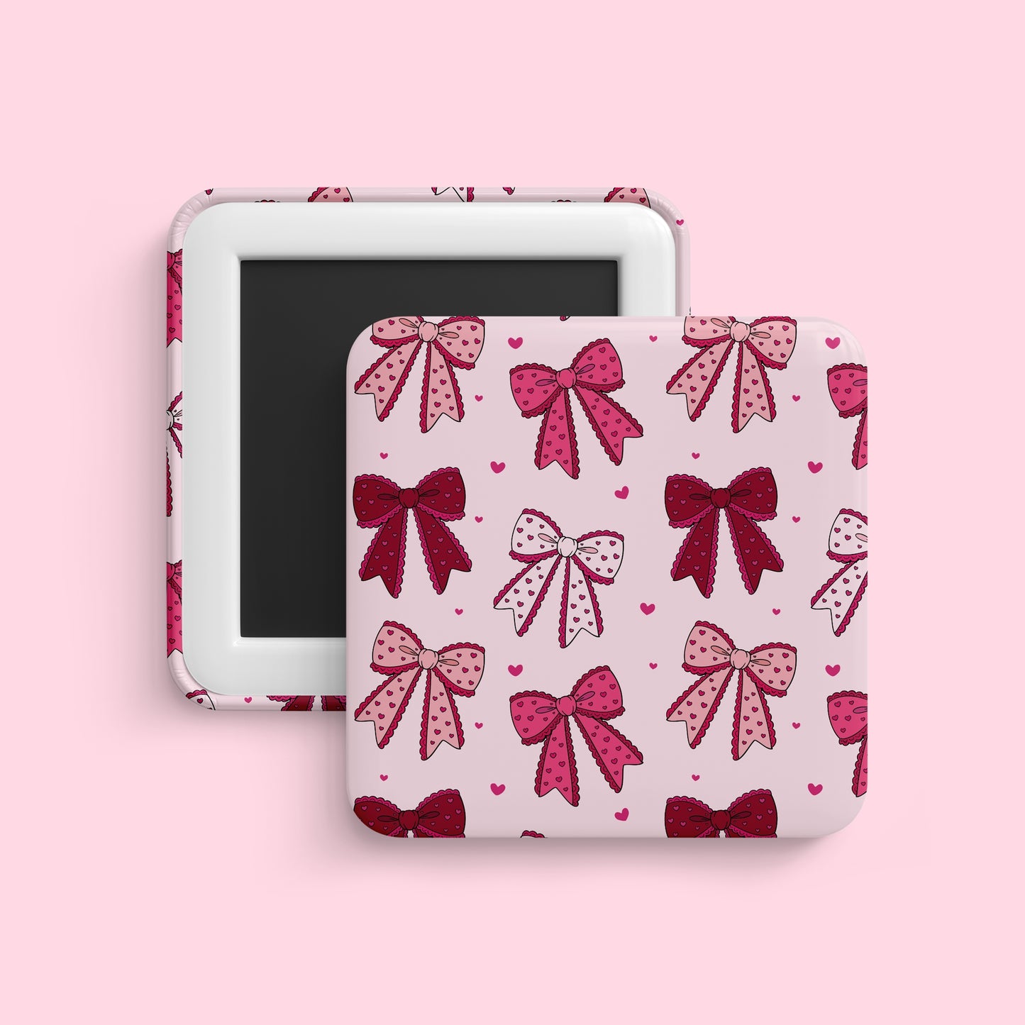 Pink coquette bow pattern magnet with multiple bows and hearts