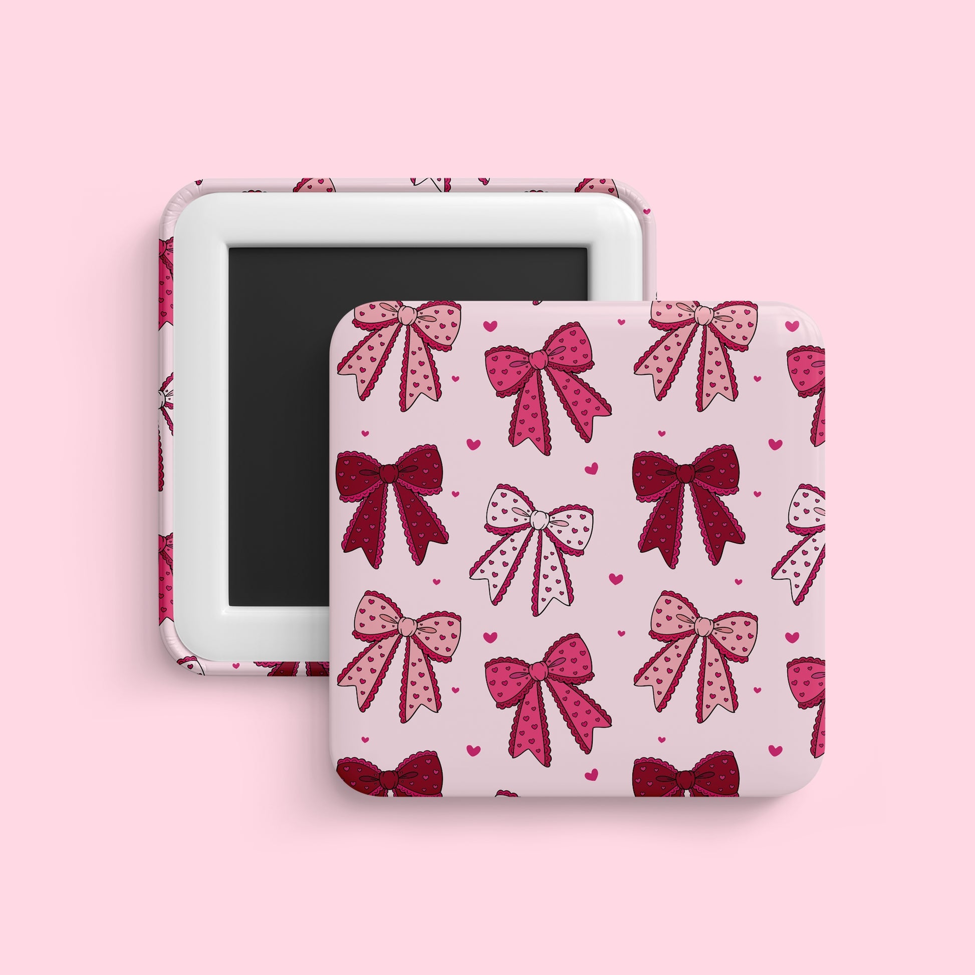 Pink coquette bow pattern magnet with multiple bows and hearts