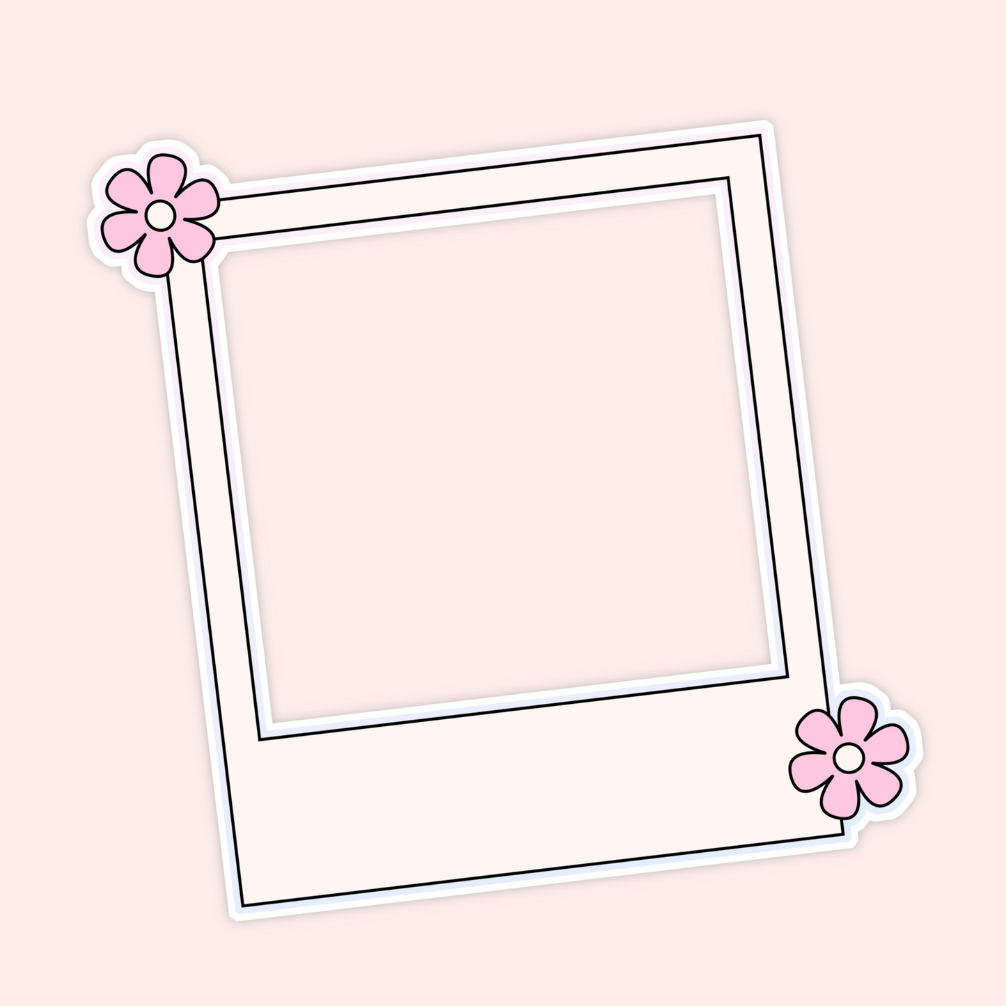 Minimal pink square photo frame sticker with flower accents in two corners.