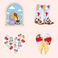 Cute cowgirl vinyl sticker collection featuring two besties at a window, western cow print boots, a cowgirl pattern heart, and a red western bow design.
