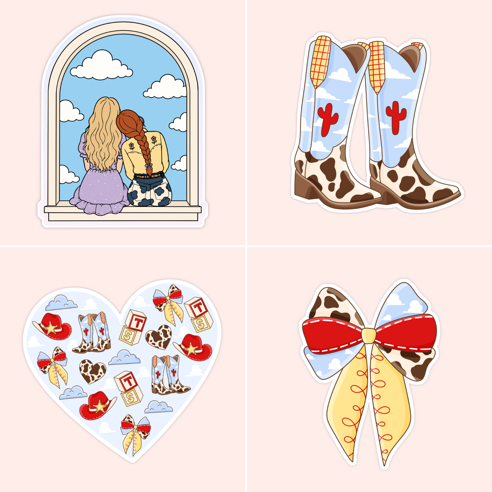 Cute cowgirl vinyl sticker collection featuring two besties at a window, western cow print boots, a cowgirl pattern heart, and a red western bow design.