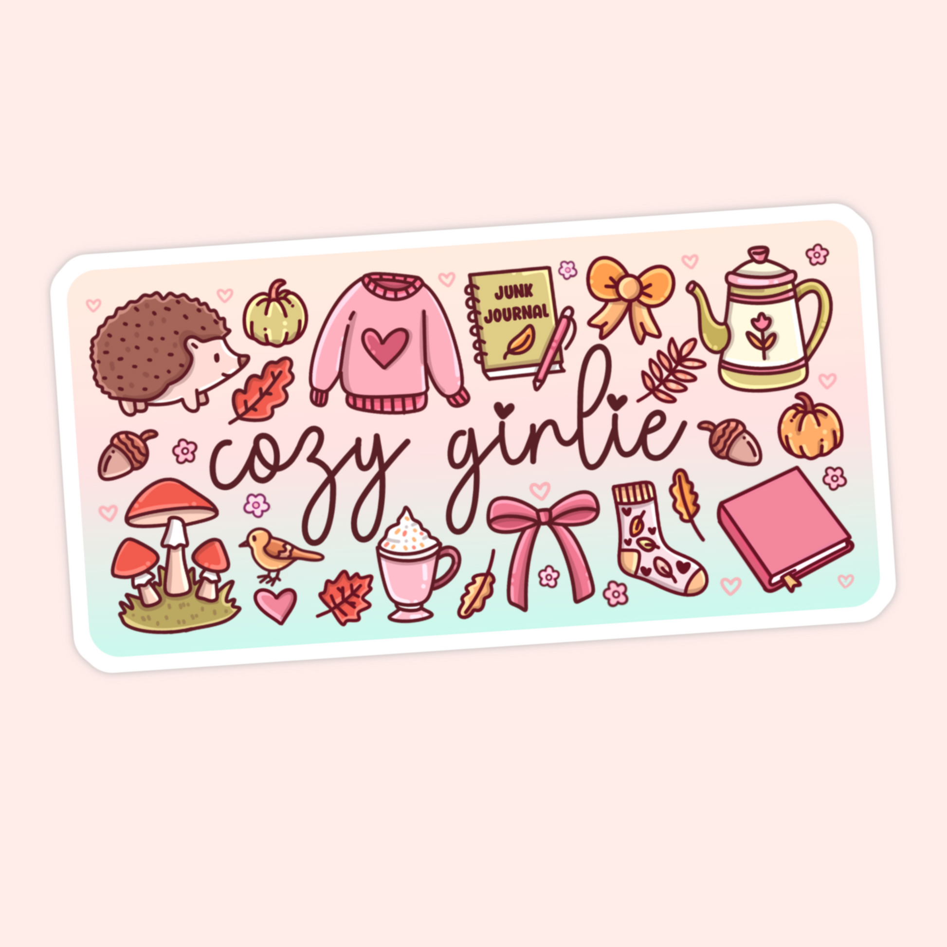 Cute cozy girlie sticker with a hedgehog, mushrooms, sweater, mug, teapot, fall leaves, pumpkins, socks, bows, and junk journal details.