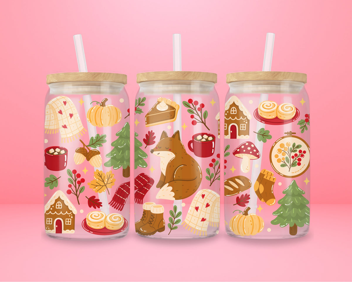 16oz woodland glass tumbler with fox, pumpkins, mushrooms, scarves, hot cocoa and pine trees