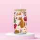16oz woodland glass tumbler with fox, pumpkins, mushrooms, scarves, hot cocoa and pine trees