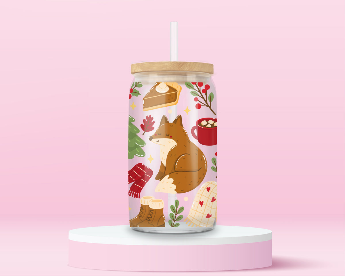 16oz woodland glass tumbler with fox, pumpkins, mushrooms, scarves, hot cocoa and pine trees