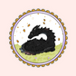Black dragon curled in a grassy field with pastel scalloped border and golden falling leaves.