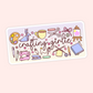 Cute crafting girlie sticker with paint palette, sewing machine, scissors, yarn, knitting needles, markers, buttons, sketchbook, bow, and art supplies.