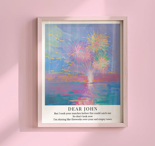 Taylor Swift Dear John inspired art print featuring colorful fireworks over water in a dreamy night sky